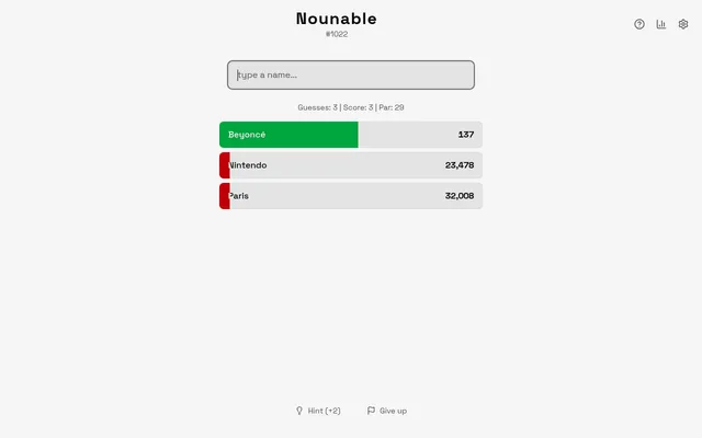 Nounable puzzle #1022 on desktop: three guesses ranked, Beyonce in green at 137, Nintendo and Paris in red past 23,000, with guesses, score and par 29 above