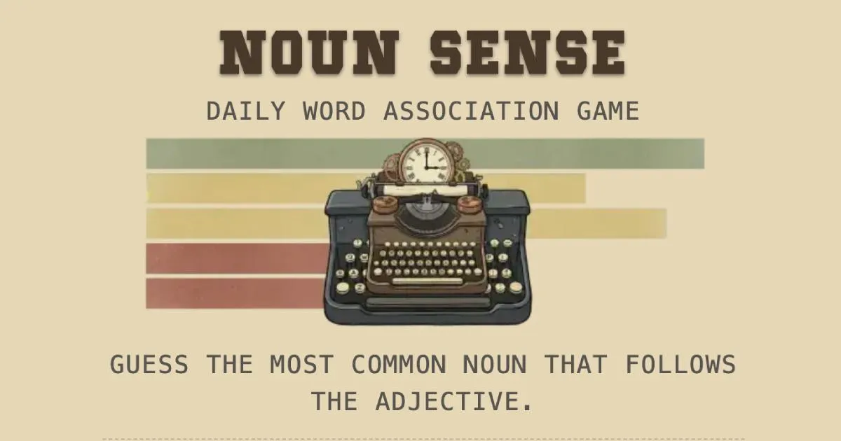 Noun Sense share card: an old typewriter over coloured score bars, 'Guess the most common noun that follows the adjective'