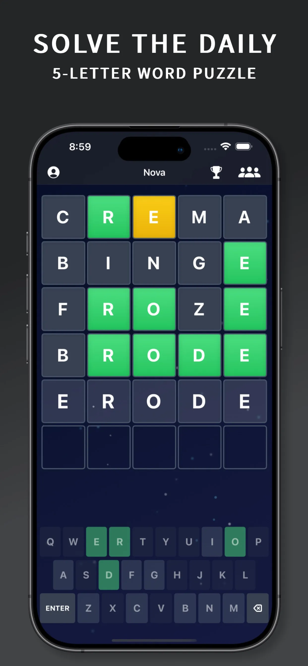 Nova on iPhone: the daily five-letter word grid with four guesses coloured green and yellow and ERODE typed as the fifth