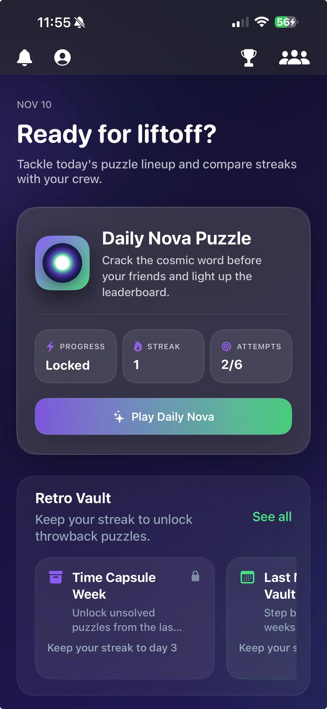 Nova's home screen with the Daily Nova Puzzle card showing progress, streak and attempts, and the Retro Vault below