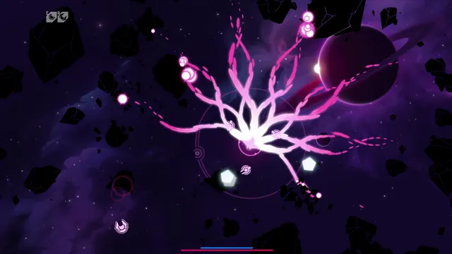 Nova Drift gameplay: a ship fires branching pink lightning at enemies among black asteroids, with a ringed planet behind