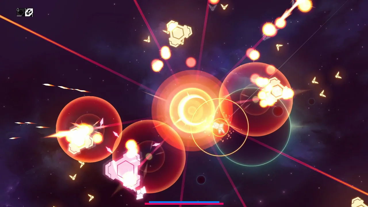 Nova Drift: the ship in the middle of orange explosions and enemy fire from hexagonal enemies