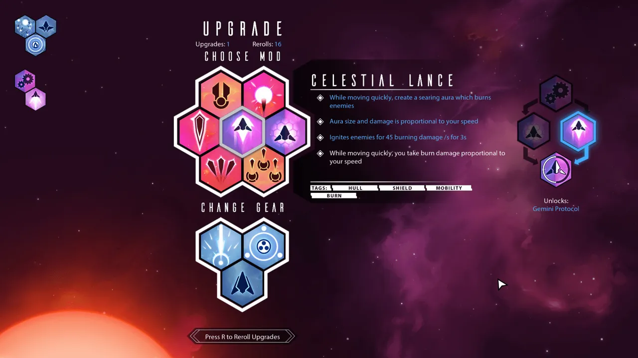 Nova Drift upgrade screen: a honeycomb of mods with Celestial Lance selected and its effects listed