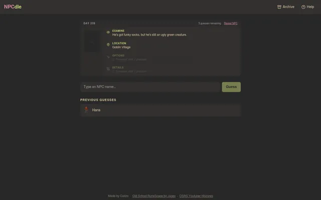 NPCdle Day 239 after one wrong guess (Hans): the examine text about funky socks, the Location hint Goblin Village, locked Options and Details hints, and the name box