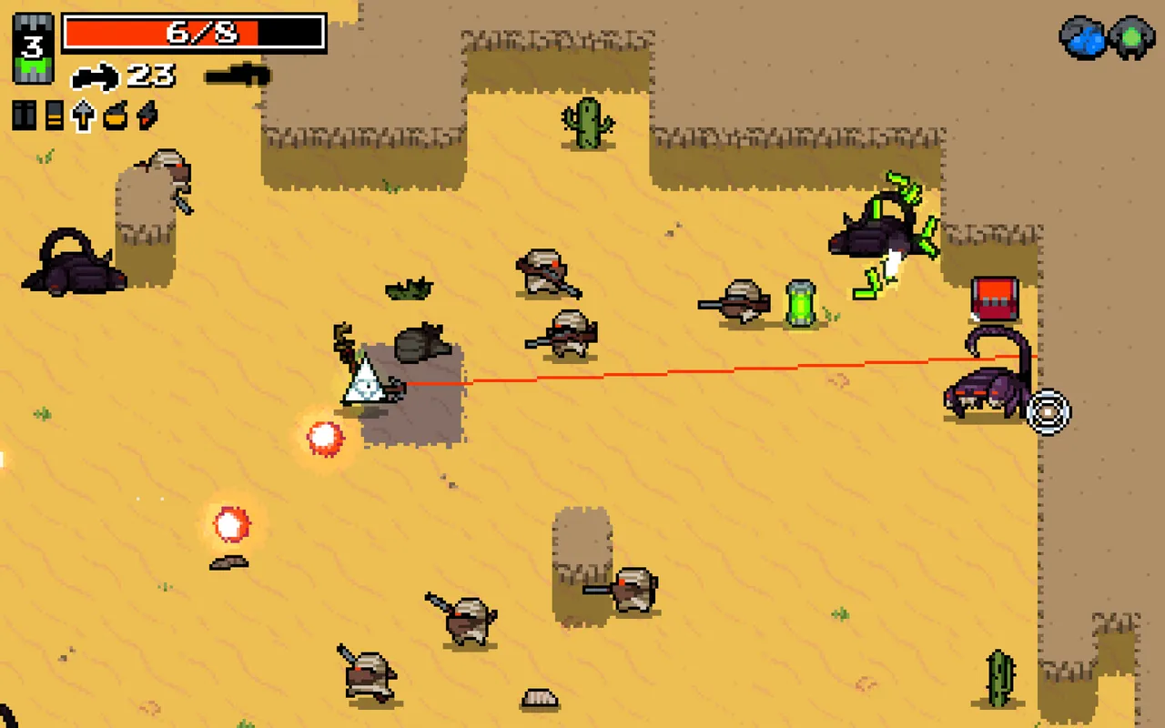 Nuclear Throne gameplay: a top-down desert level where the player aims a laser sight at bandits and a scorpion, with health and ammo shown at the top left
