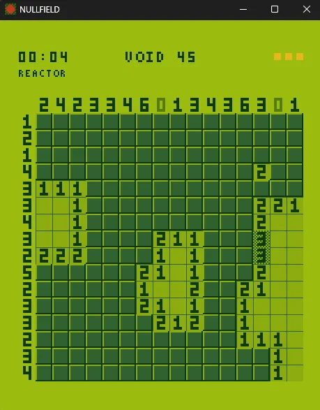 A large Nullfield REACTOR board in Game Boy green, with void totals along the top and left edges and number clues on opened squares