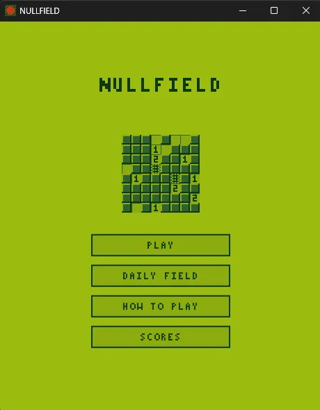 The Nullfield title screen with Play, Daily Field, How to Play and Scores buttons