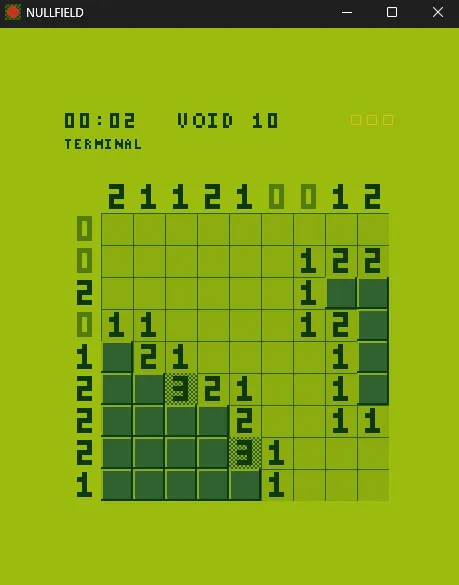 A small Nullfield TERMINAL board part solved, with row and column void totals