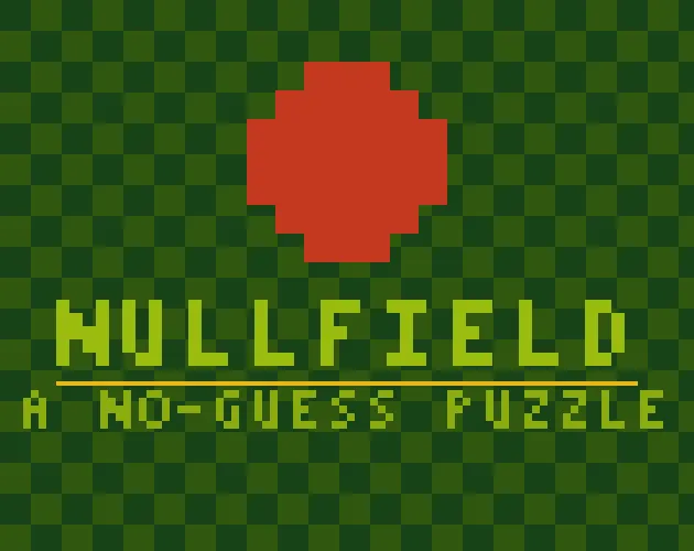 Nullfield cover art: the title and 'a no-guess puzzle' under a red pixel void on a green checkerboard