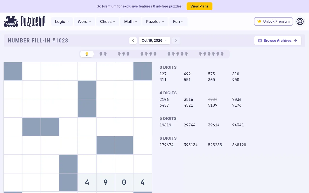 Number Fill-In #1023 for 19 October 2026 on Puzzleship: the very easy 8x8 grid with 4904 placed, beside its lists of 3, 4, 5 and 6-digit numbers