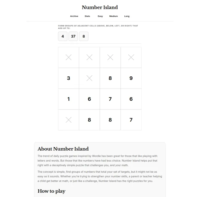 Number Island board with targets 4, 37 and 8 above a 4x4 grid of numbers and crossed-out squares