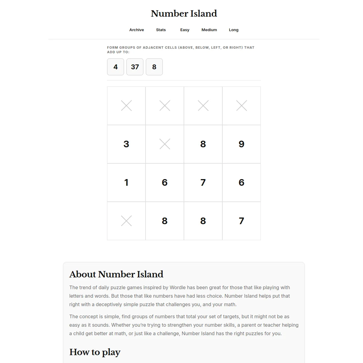 Number Island board with targets 4, 37 and 8 above a 4x4 grid of numbers and crossed-out squares