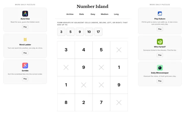 Number Island's daily board: targets 3, 5, 9, 10 and 17 above a 4x4 grid of numbers and crossed-out squares, with links to other daily puzzles at the sides