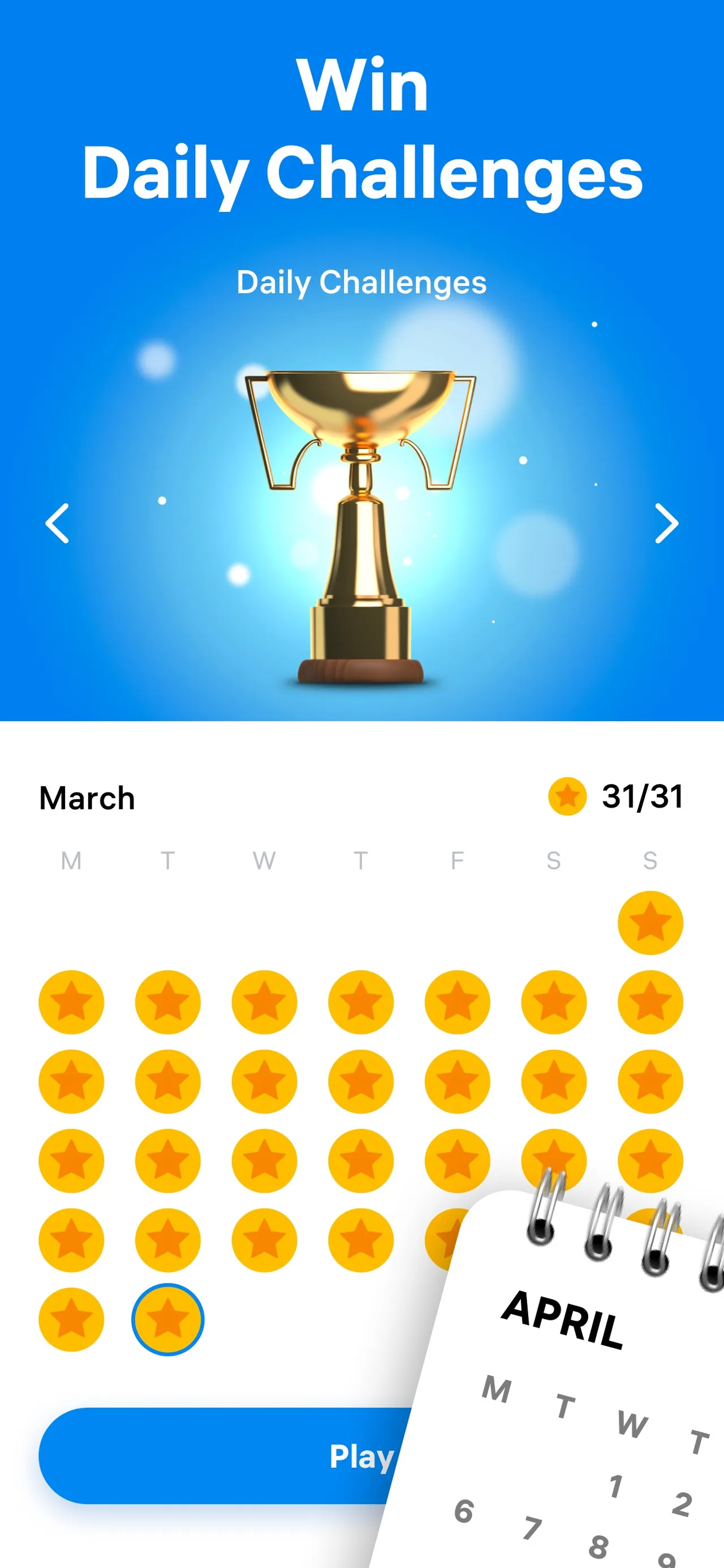 Number Match Daily Challenges screen: a gold trophy above a March calendar with every day starred, 31 of 31