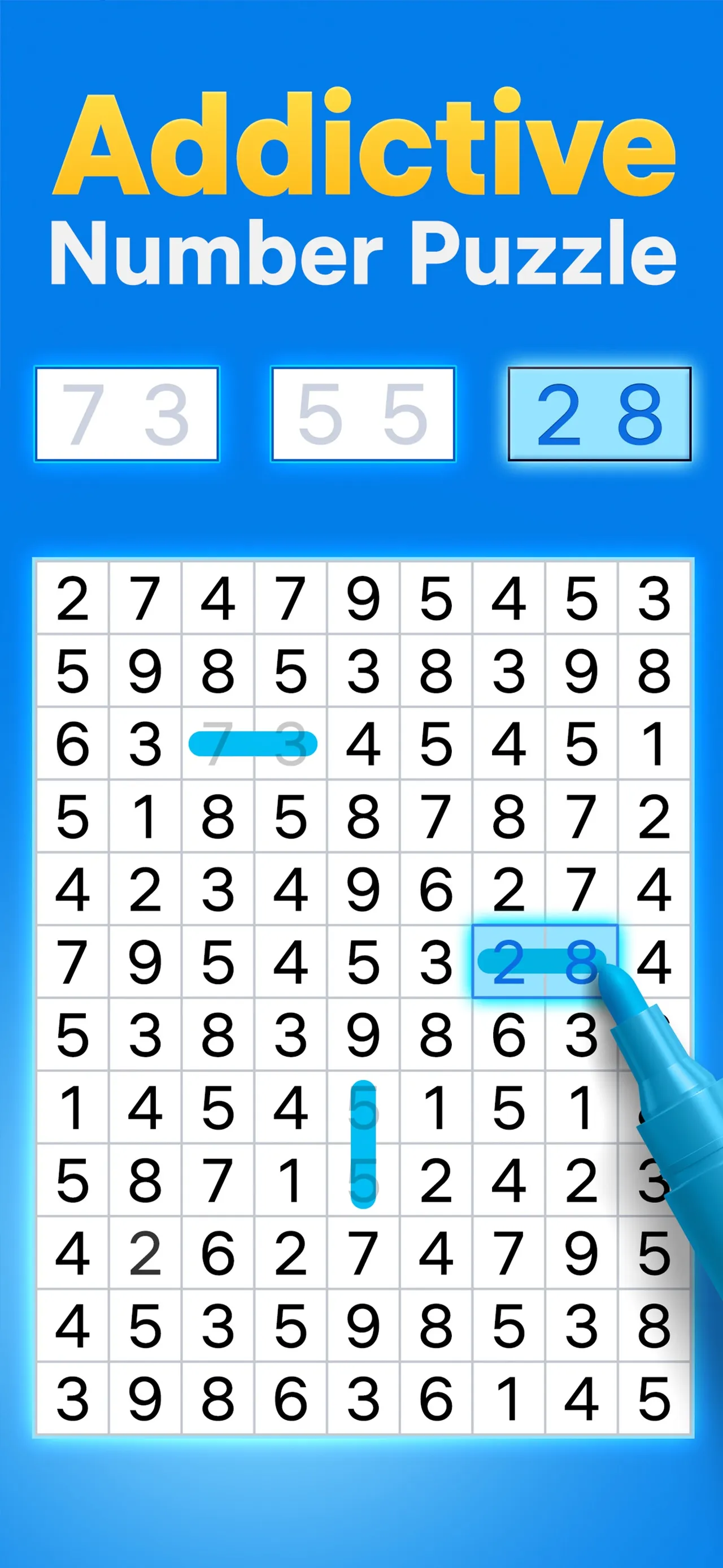Number Match App Store art: a grid of digits with the pairs 7 and 3, 5 and 5, and 2 and 8 crossed out under the words Addictive Number Puzzle
