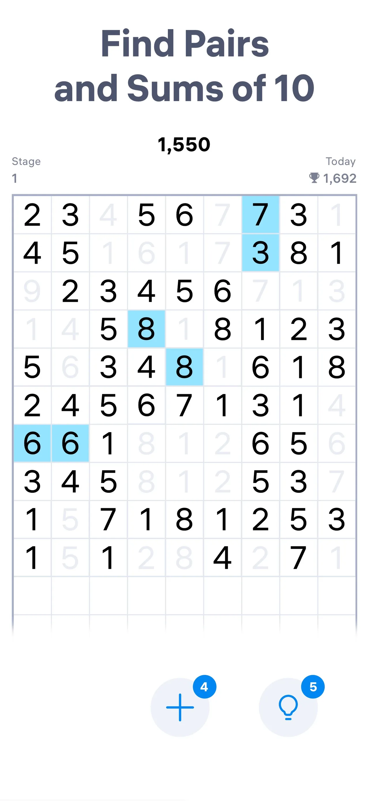 Number Match board in play: a nine-column grid of digits with crossed-out cells greyed, a pair of 6s and a 7 and 3 highlighted, and the add-lines and hint buttons below