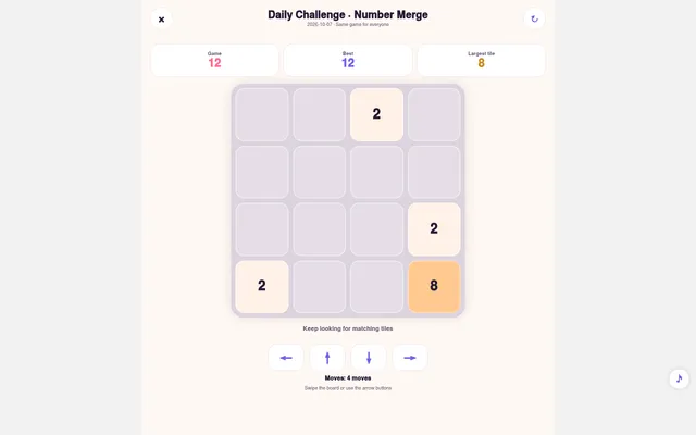 Number Merge daily challenge for 2026-10-07 after four moves: a 4x4 board with an 8 and three 2 tiles, score 12, and arrow buttons below