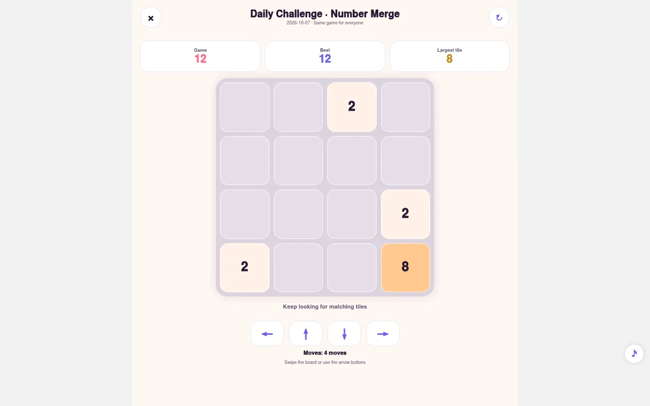 Number Merge daily challenge for 2026-10-07 after four moves: a 4x4 board with an 8 and three 2 tiles, score 12, and arrow buttons below