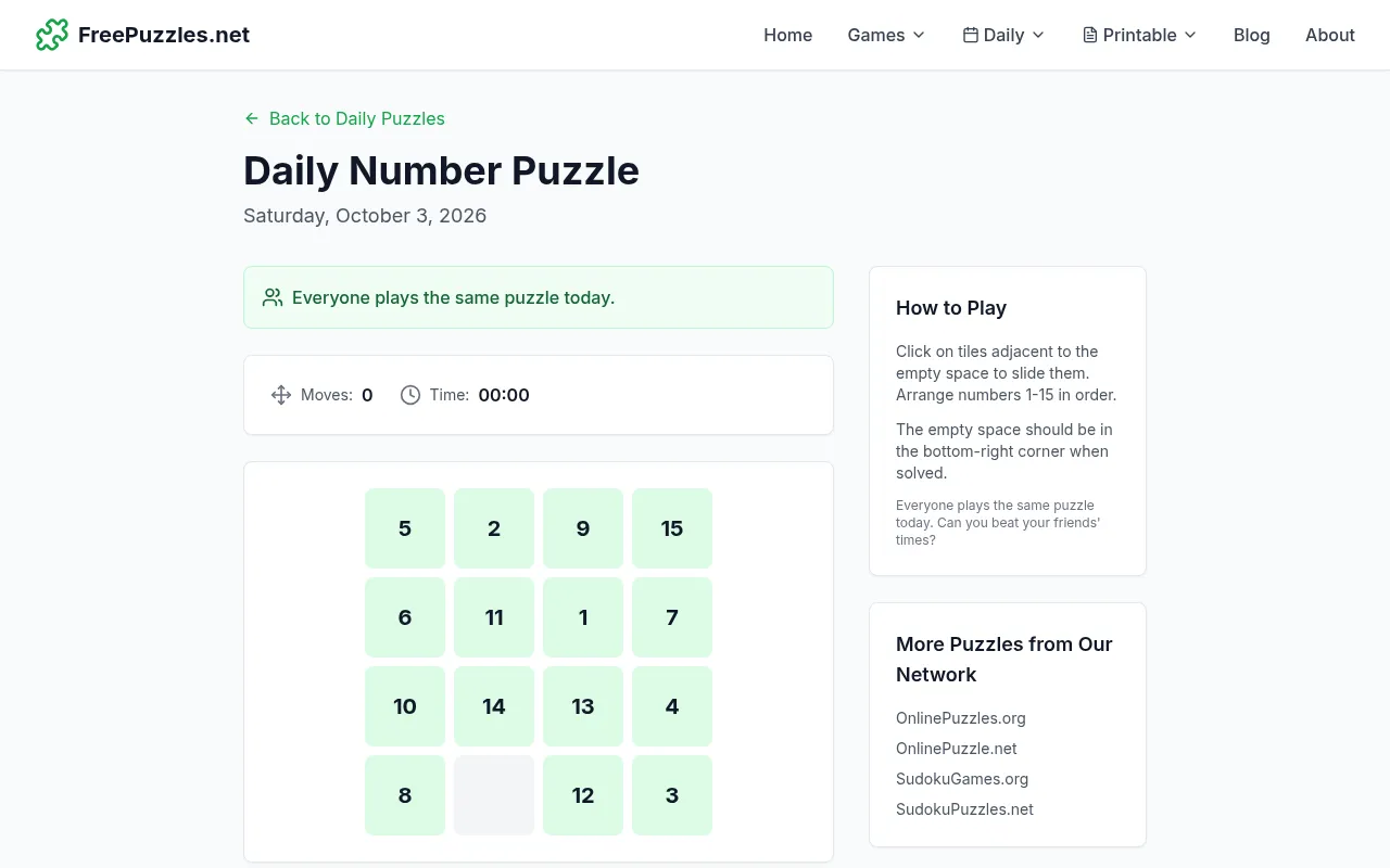 FreePuzzles.net Daily Number Puzzle for Saturday, October 3, 2026: a scrambled four by four board of green tiles numbered 1 to 15 with one empty space, moves 0 and time 00:00