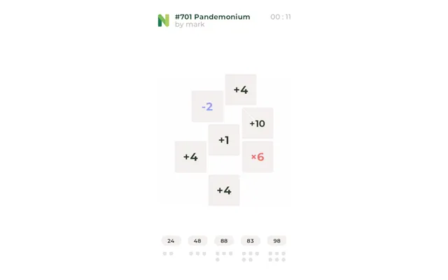 Number Salad daily #701 Pandemonium by mark on 22 October 2026: operation tiles such as +4, x6 and -2, with targets 24, 48, 88, 83 and 98