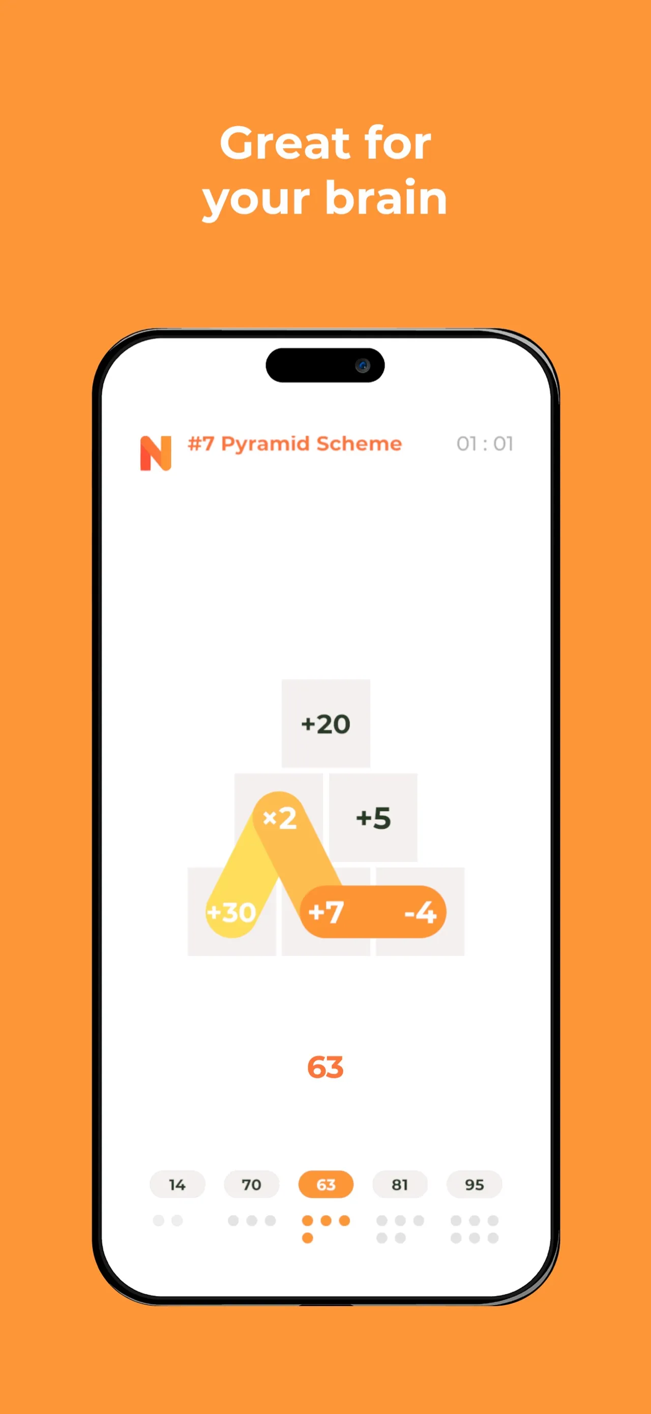 Number Salad puzzle #7 Pyramid Scheme: tiles x2, +7, -4 and +30 swiped towards the target 63