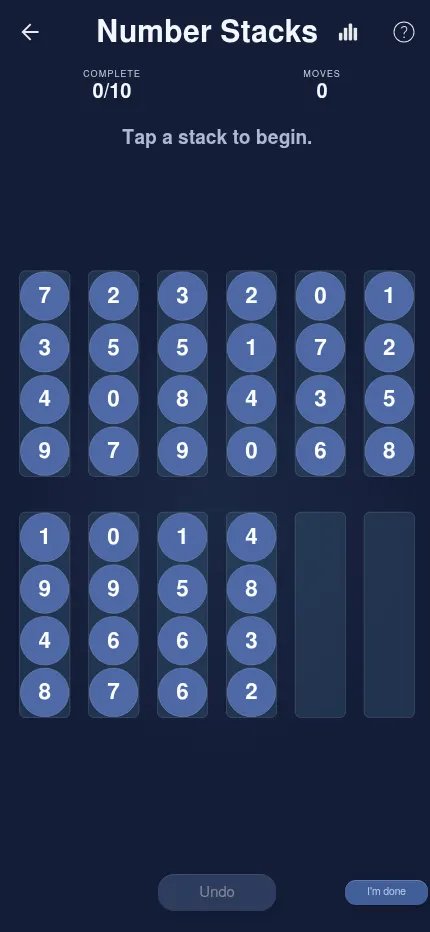 The same Number Stacks daily board at phone size: two rows of six stacks fill the narrow screen, with the move counter above and Undo below