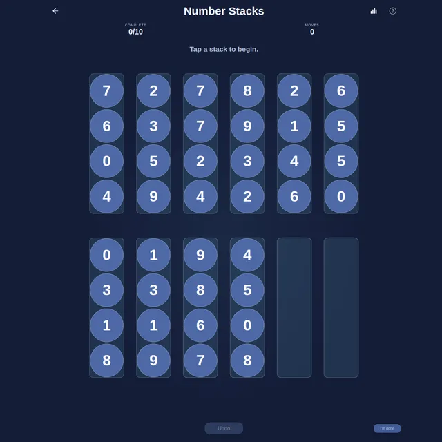 Number Stacks board with ten stacks of four mixed digits and two empty stacks, with Complete 0/10 and Moves 0 counters