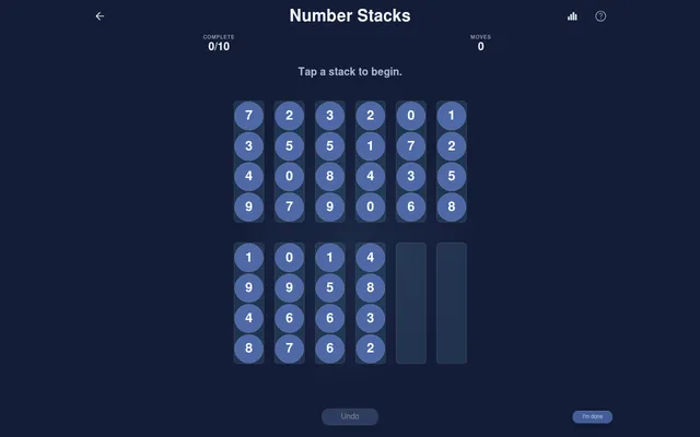 Number Stacks' daily board for 19 October 2026 at desktop size: ten stacks of four mixed digits and two empty stacks, with Complete 0/10 and Moves 0 above and Undo below