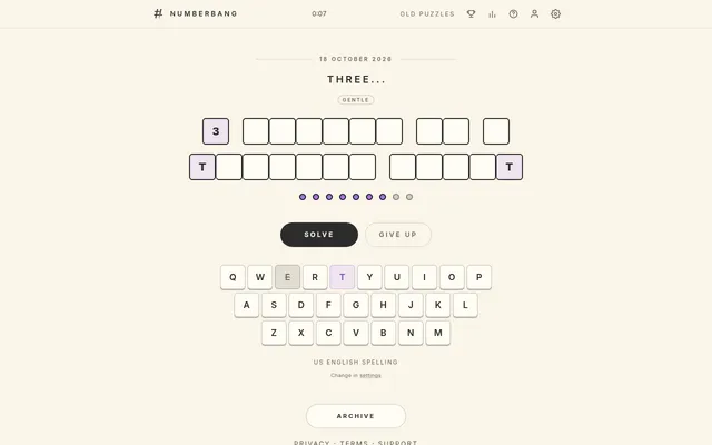 NumberBang for 18 October 2026 on a desktop: the lead THREE..., a Gentle label, letter boxes with 3 filled in and two T letters found, the guess dots and a keyboard