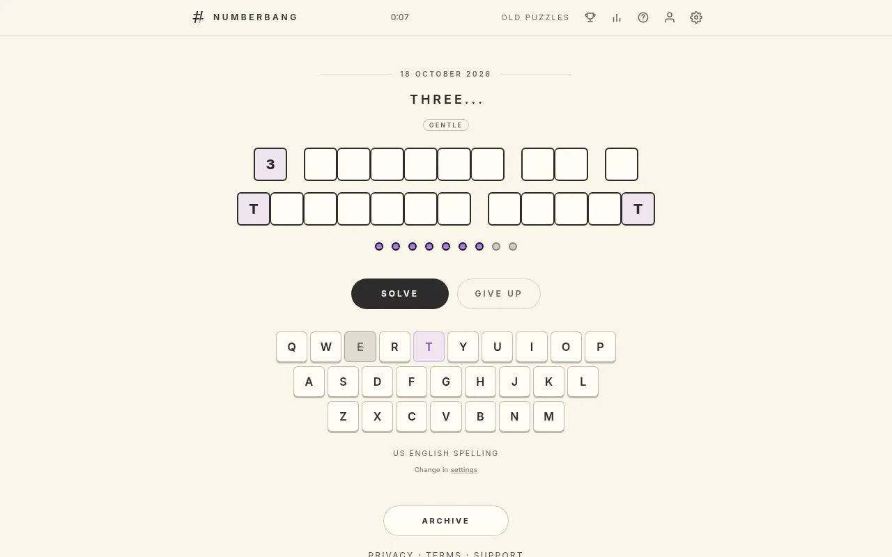NumberBang for 18 October 2026 on a desktop: the lead THREE..., a Gentle label, letter boxes with 3 filled in and two T letters found, the guess dots and a keyboard