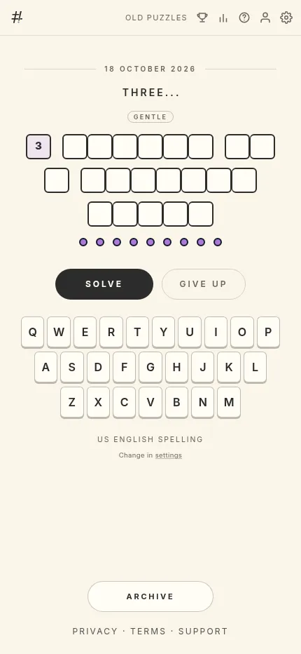 NumberBang for 18 October 2026 at phone size: the THREE... puzzle with its empty letter boxes, nine guess dots and the keyboard