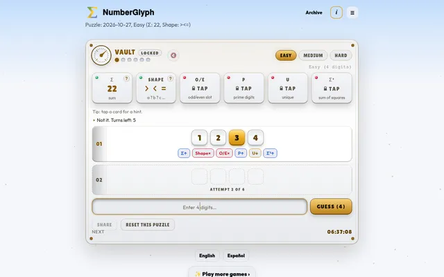 NumberGlyph Easy puzzle for 2026-10-27 at desktop size: sum 22 and shape clue cards, four locked hint cards, a first guess 1234 with one yellow tile and its clue chips