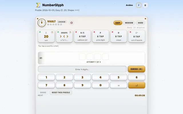 NumberGlyph Easy puzzle for 2026-10-05: the vault panel with the sum 20 and shape clue cards, locked hint cards, the first of six attempt rows and a digit keypad
