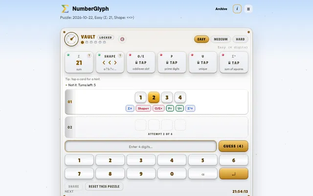 NumberGlyph Easy puzzle for 2026-10-22: sum 21 and shape clue cards, four locked hint cards, a first guess 1234 with its clue chips, the next attempt row and the digit keypad