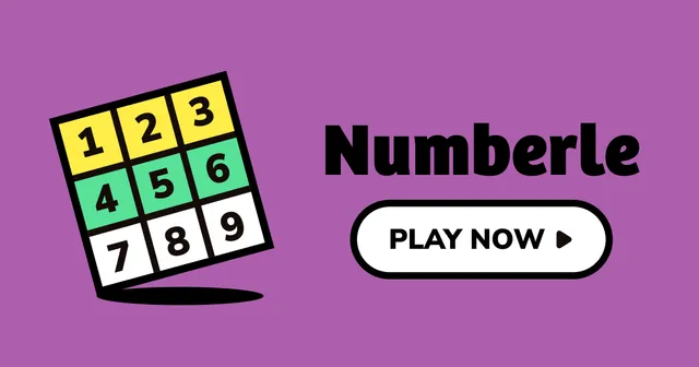 Numberle logo: a tilted 3x3 grid of digits 1 to 9 in yellow, green and white tiles beside a Play Now button