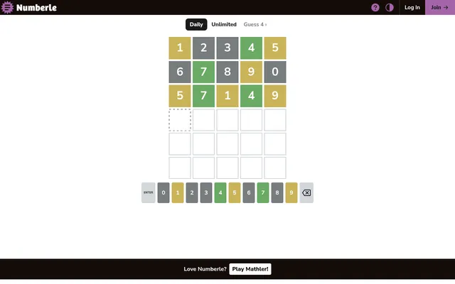 A Numberle daily board on a desktop with three guesses, 12345, 67890 and 57149, in green, yellow and grey tiles above the digit keyboard