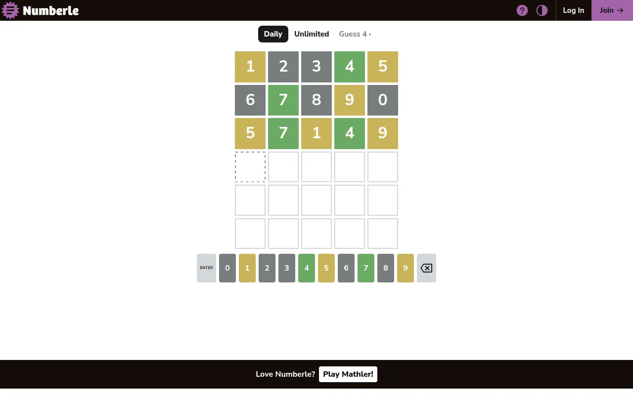 A Numberle daily board on a desktop with three guesses, 12345, 67890 and 57149, in green, yellow and grey tiles above the digit keyboard