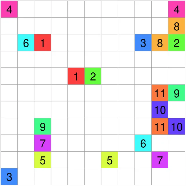 Today's Medium Numberlink grid on PuzzleMadness for 28 October 2026, an 11x11 board with eleven colour-coded pairs of numbers to join
