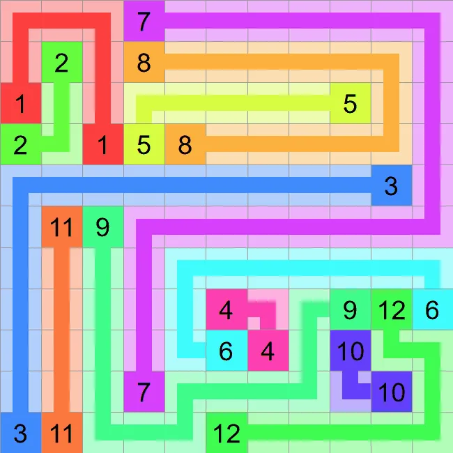 A completed Numberlink from PuzzleMadness's rules, coloured paths joining twelve pairs of numbers and filling every square