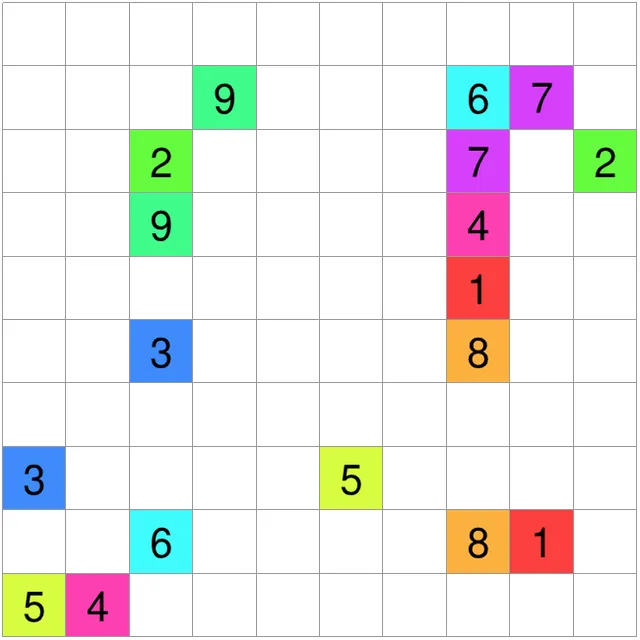 Today's medium Numberlink grid on PuzzleMadness, a 10x10 board with nine colour-coded pairs of numbers to join