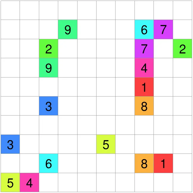 Today's medium Numberlink grid on PuzzleMadness, a 10x10 board with nine colour-coded pairs of numbers to join