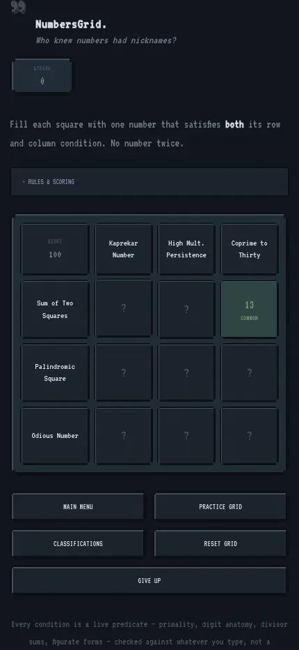 Today's NumbersGrid board at phone size: Kaprekar, persistence and coprime columns, sum-of-squares, palindromic square and odious rows, with 13 filled in as Common