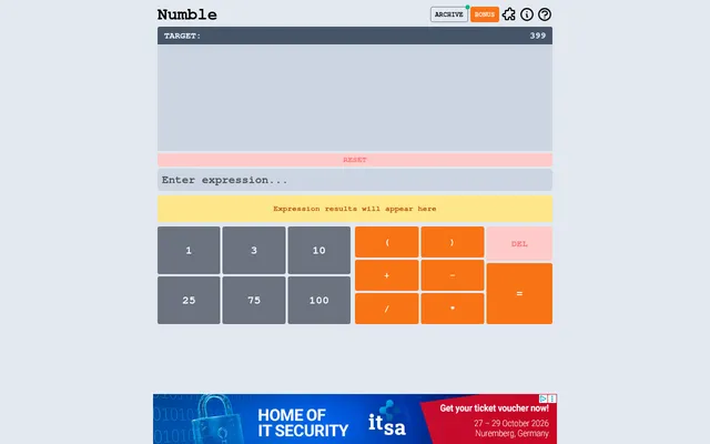 Numble daily puzzle with target 399, the numbers 1, 3, 10, 25, 75 and 100, an expression box and orange buttons for brackets and the four operations