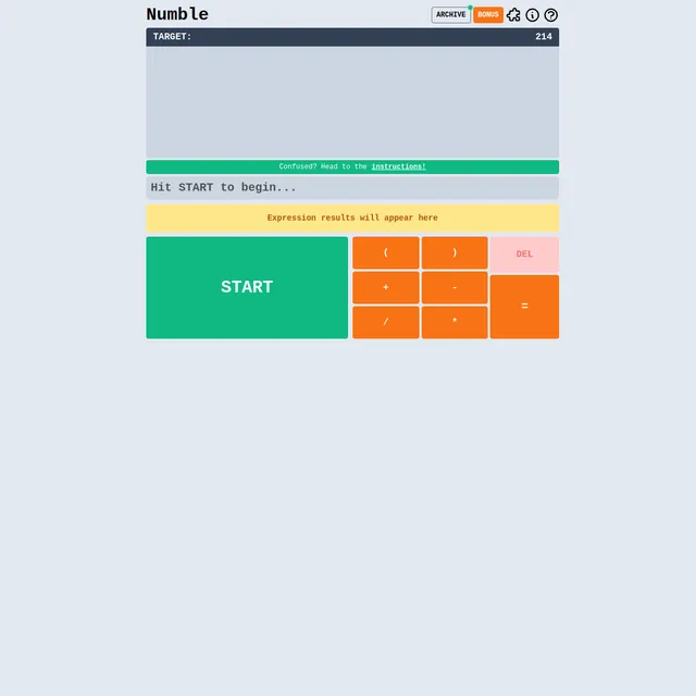 Numble screen with target 214, a START button and orange buttons for brackets, plus, minus, divide, multiply and equals