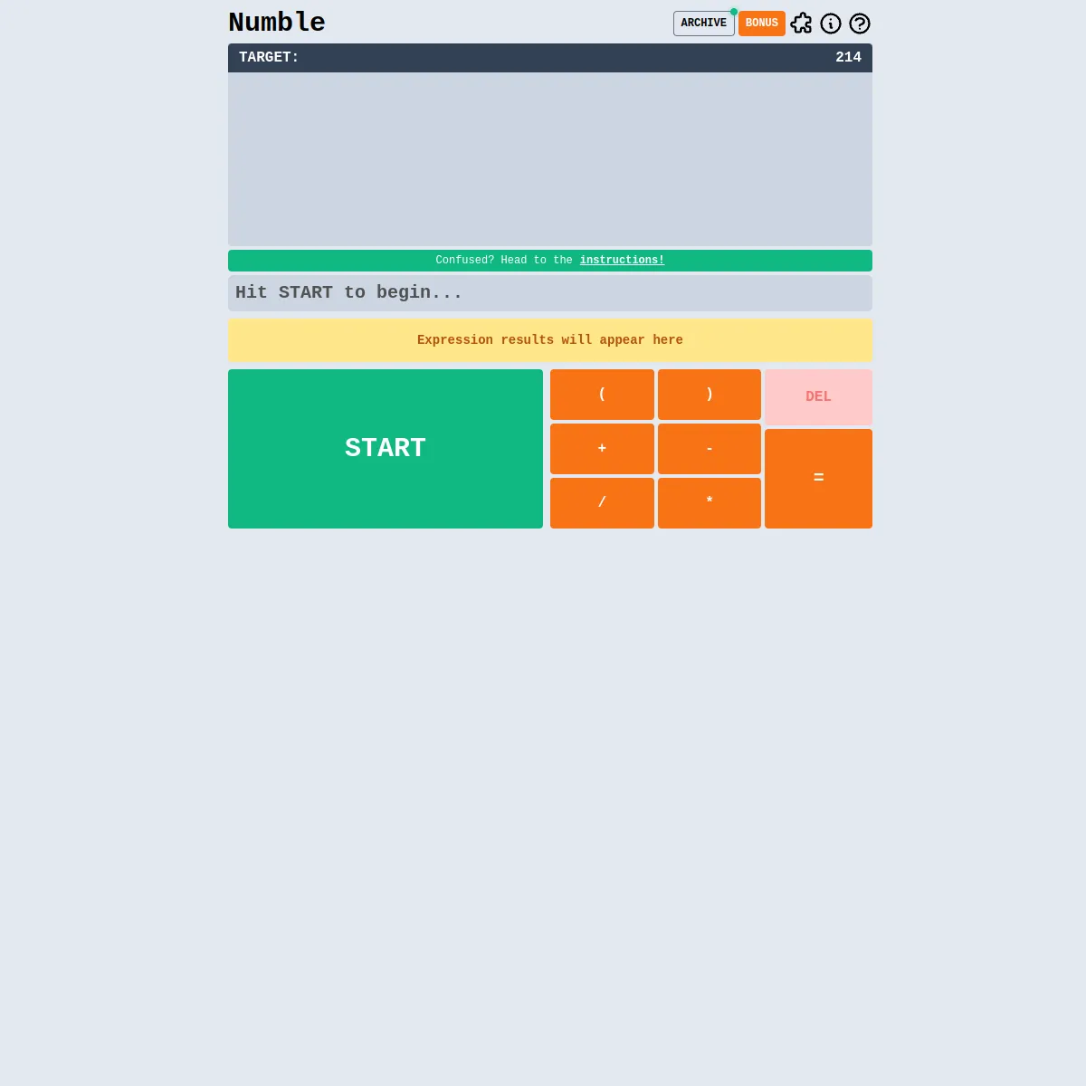 Numble screen with target 214, a START button and orange buttons for brackets, plus, minus, divide, multiply and equals