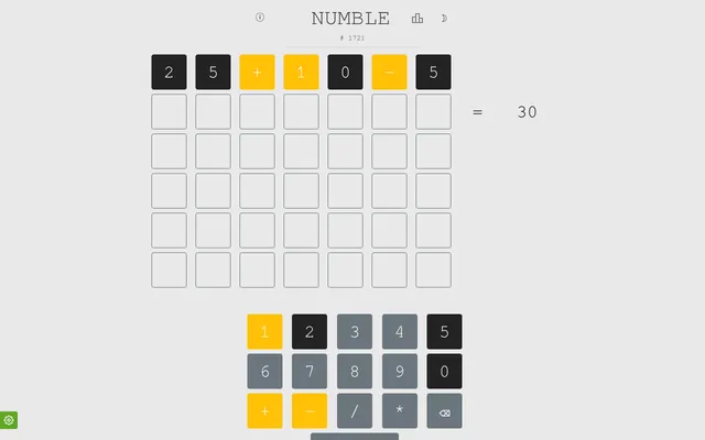 Numble #1721 on a desktop: a first guess 25+10-5 scored in yellow and dark tiles beside the target = 30, above the digit and operator keypad