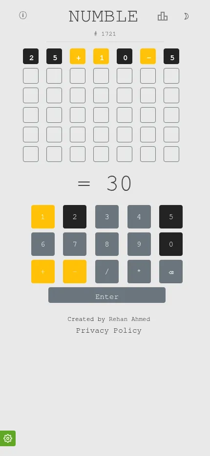 Numble #1721 on a phone: the seven-by-six grid with one scored guess, the target = 30 below it and the keypad with Enter