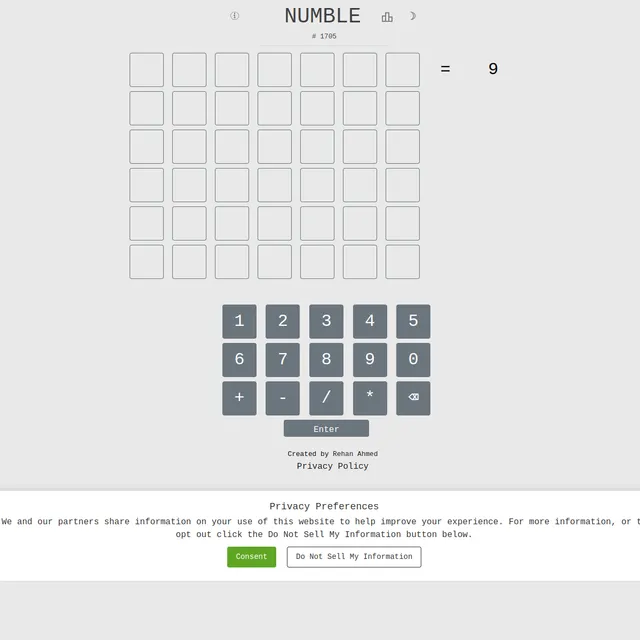 Numble #1705 with an empty seven by six grid, the target '= 9' beside it, a number and operator keypad and 'Created by Rehan Ahmed'