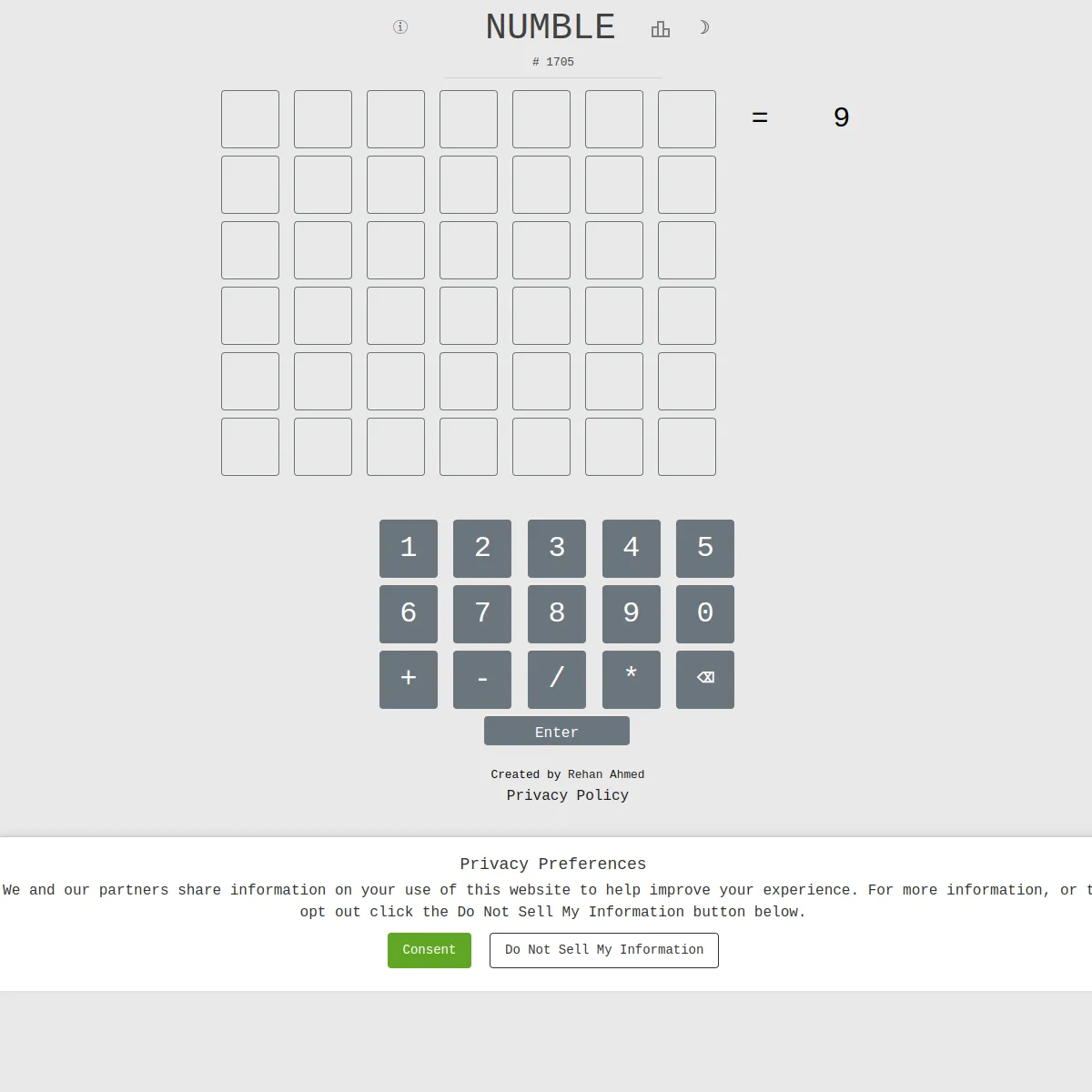 Numble #1705 with an empty seven by six grid, the target '= 9' beside it, a number and operator keypad and 'Created by Rehan Ahmed'