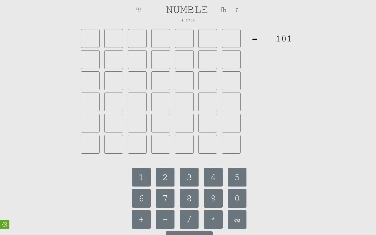 Numble #1709: an empty seven-by-six grid with the target = 101 beside it, above a keypad of digits and the four operators